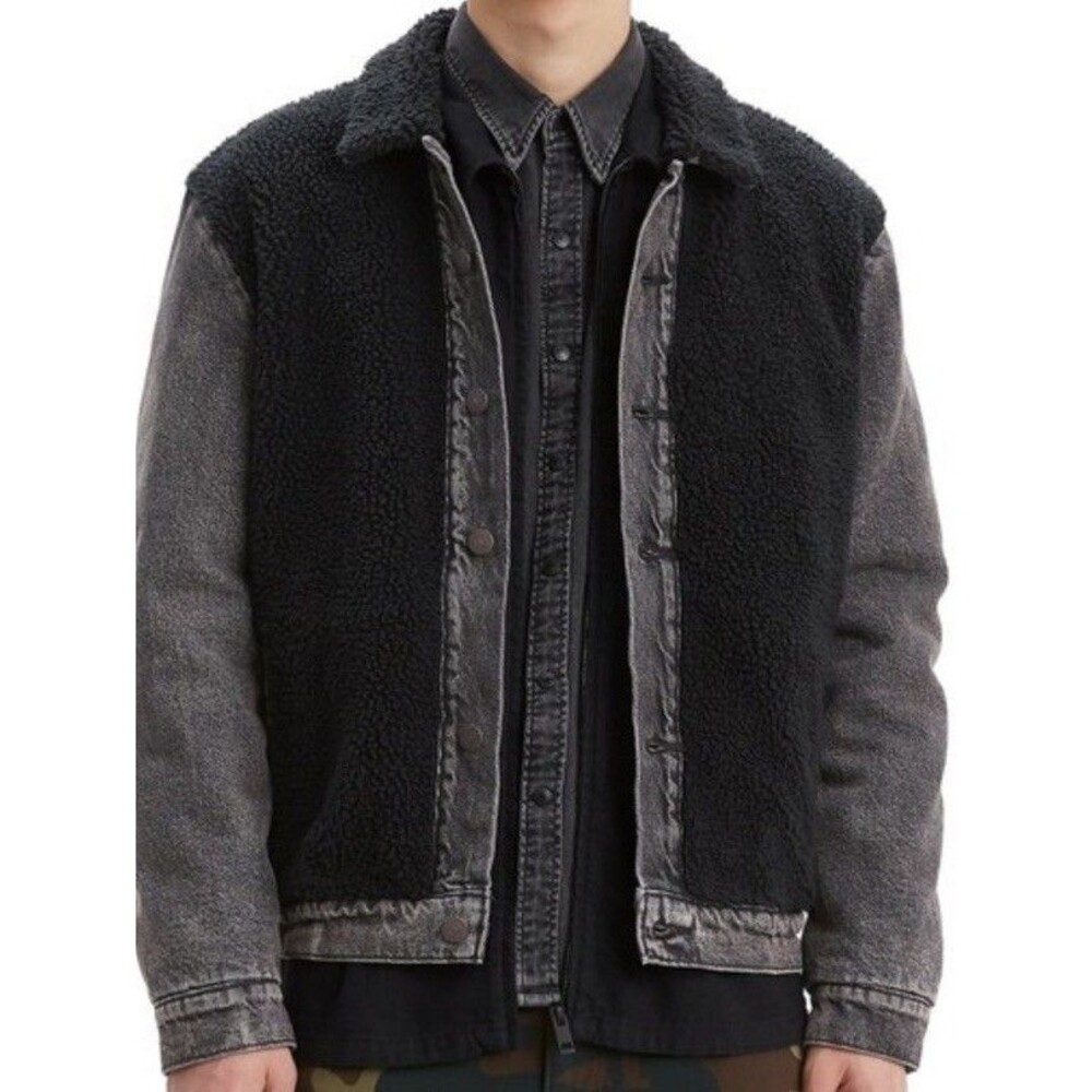 LEVIS STRAUSS BLACK TRUCKER SHERPA Fur REVERSED COTTON DENIM JACKET Gray Small